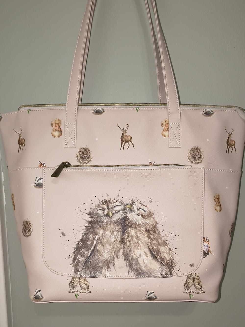 Wrendale Blush Pink Owl Print Tote Bag with Front Zip Pocket